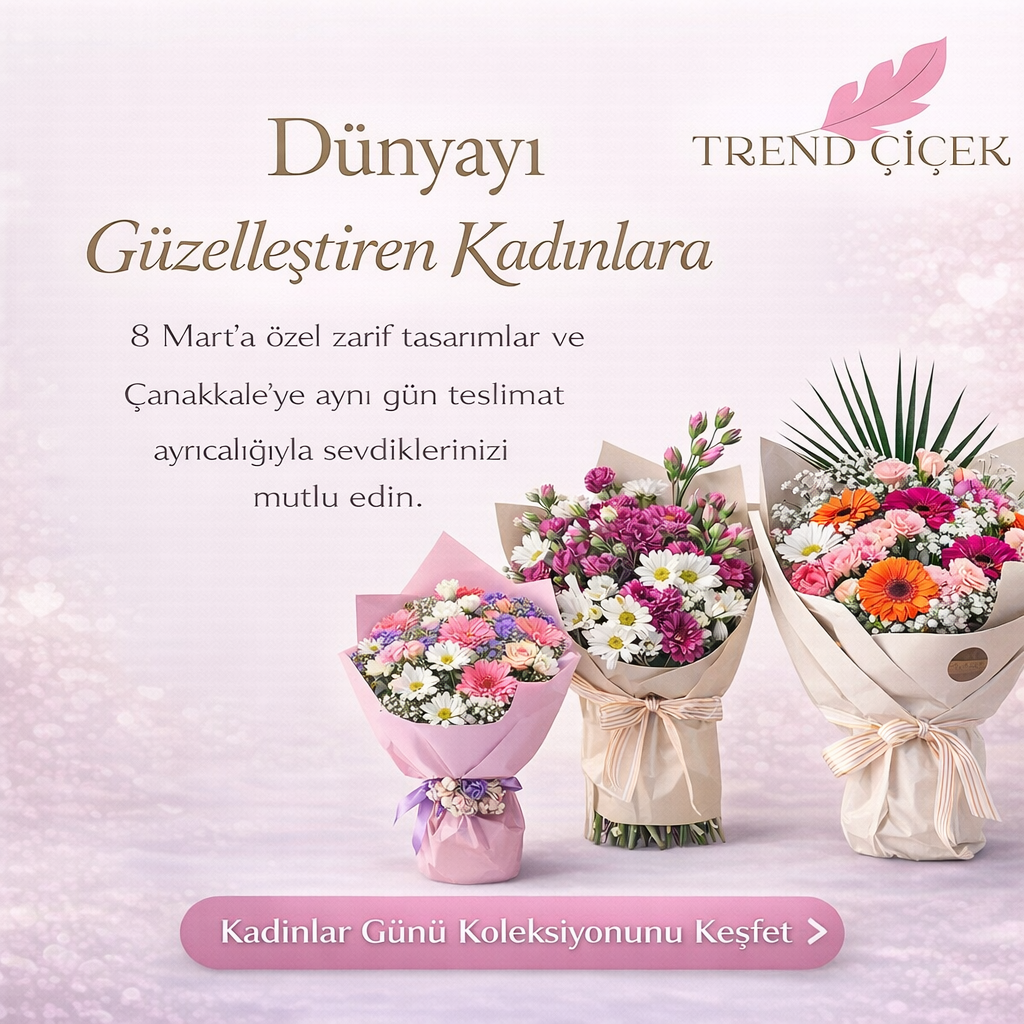 8 Mart Kadınlar Günü’ne özel zarif çiçek tasarımları Trend Çiçek’te! Çanakkale’ye aynı gün teslimat ile sevdiklerinizi mutlu edin.