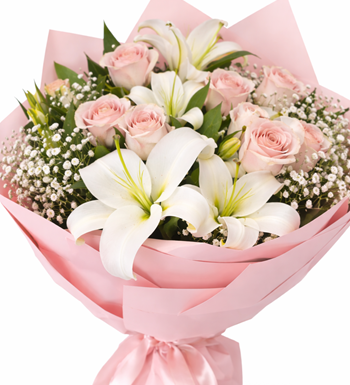 pembe gül buketi, lilyum aranjmanı, lüks çiçek buketi,