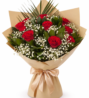 kırmızı gül buketi, cipso detaylı gül, romantik çiçek