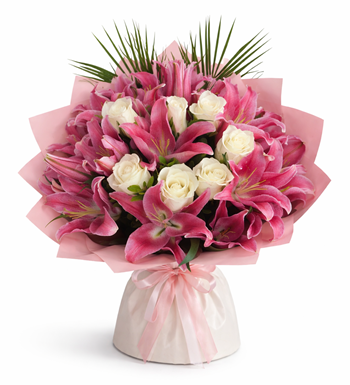 pembe lilyum buketi, beyaz gül buketi, premium çiçek