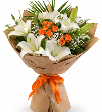 beyaz lilyum buketi, turuncu gül aranjmanı, çardak gül 