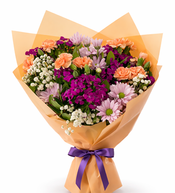 pastel çiçek buketi, şeftali karanfil, lila papatya aranjma