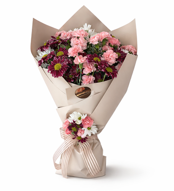 pembe karanfil buketi, bordo krizantem aranjmanı, premium