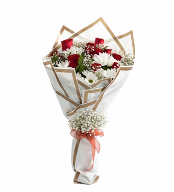 10 kırmızı gül buketi, beyaz papatya aranjmanı,