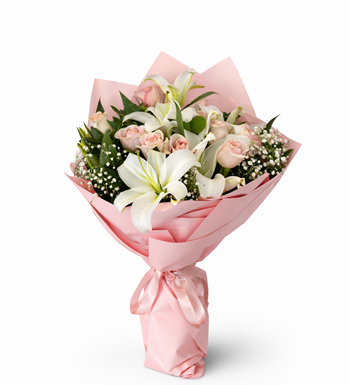 pembe gül buketi, lilyum aranjmanı, lüks çiçek buketi,