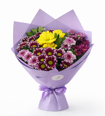 krizantem buketi, mor sarı çiçek aranjmanı,