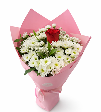 kırmızı gül buketi, beyaz papatya aranjmanı,