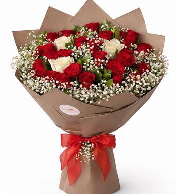 kırmızı beyaz gül buketi, aşk çiçeği siparişi,