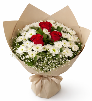 3 kırmızı gül buketi, papatya ve gül aranjmanı, romantik