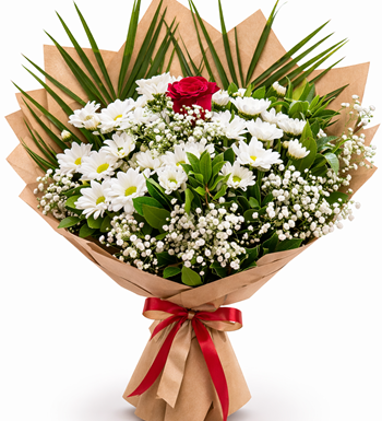 kırmızı gül buketi, papatya aranjmanı, kraft çiçek buketi,