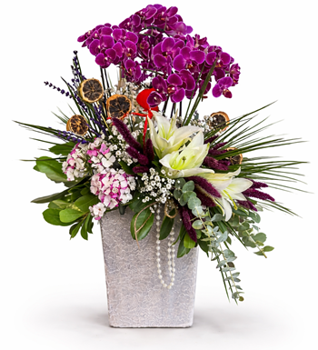 duetto orkide aranjmanı, beyaz lilyum tasarımı, hüsnüyusuf